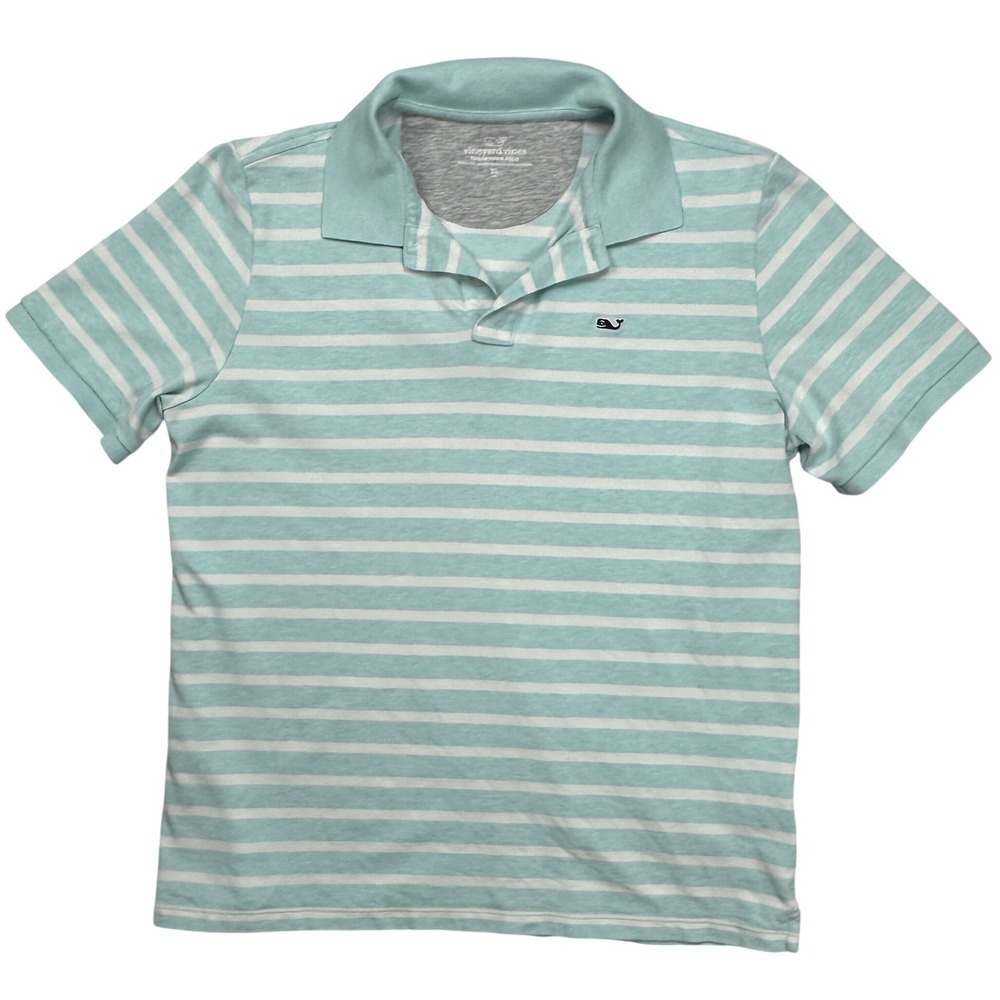 Vineyard Vines Kid XL Edgartown Polo Shirt Mint Green White Striped Short Sleeve